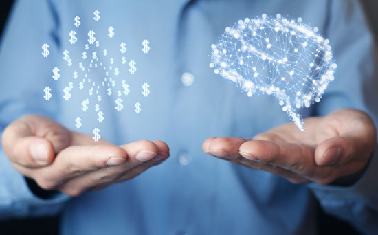 A picture of a person holding up two hands, one with a cluster of dollar signs above it and the other with a graphic of a brain