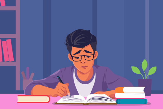 An image of a young person writing notes with a disgruntled expression