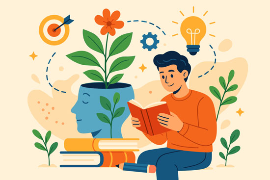 An illustration showing a person reading and thinking different things