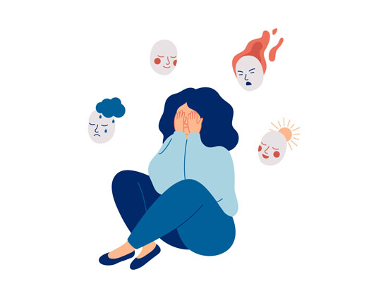 A person with their hands to their face surrounded by representations of different emotions
