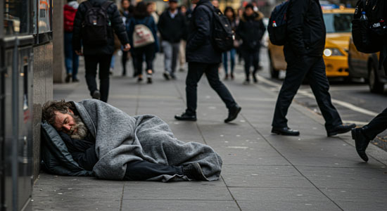 A homeless person sleeping on the sidewalk