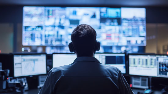 A person working with headphones on in front of multiple computer screens