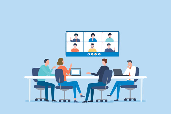 A cartoon of people in a meeting and conference call