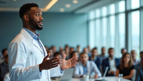 A medical professional giving a speech in a conference room