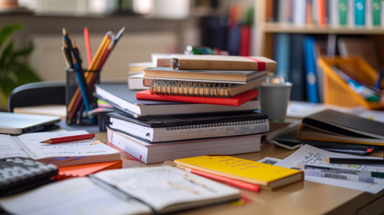A stack of textbooks and notebooks on a messy desk