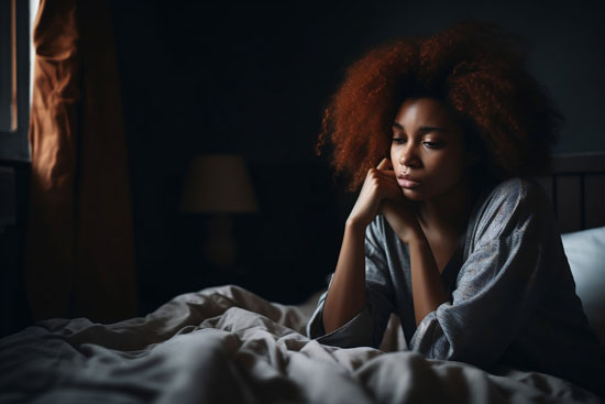 A college student sitting on a bed in a messy room looking depressed