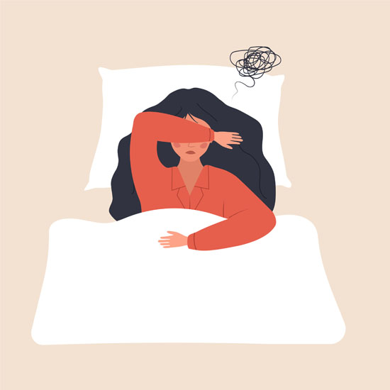 A cartoon of a person laying in bed with a knotted up thought cloud above their head