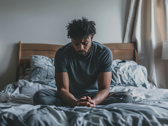 A person sitting on a bed looking down at their hands