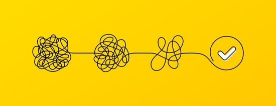 An illustration of a tangle of knots that gradually loosens to a checkmark
