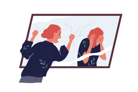 An image of a person yelling at themselves in the mirror, while the reflection hides in shame