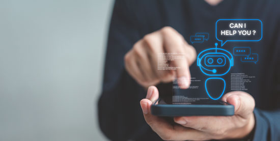 A person interacting with an AI chatbot on their phone; the text reads 'Can I help you?'