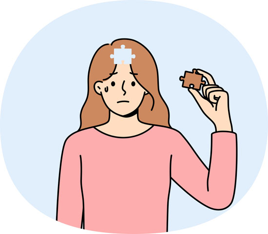 An image of a person frowning and holding a puzzle piece that belongs where her brain is
