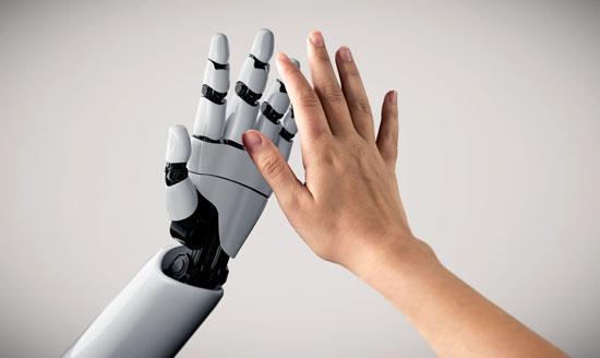 A human hand and a robot hand high fiving