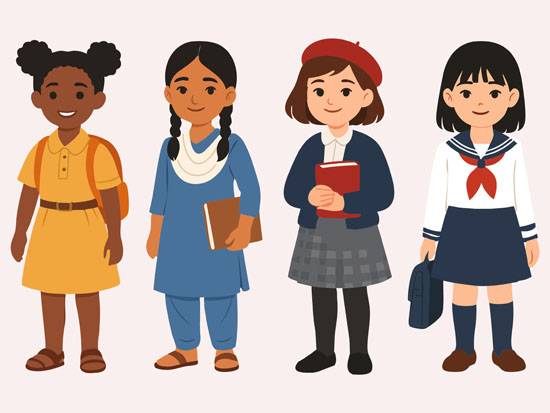 An image of four different children, each from different cultures in different uniforms