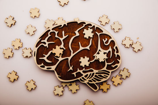 A picture of a wooden brain puzzle with puzzle pieces scattered around