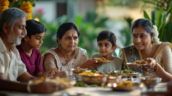 A multigenerational Indian family gathered around the dinner table