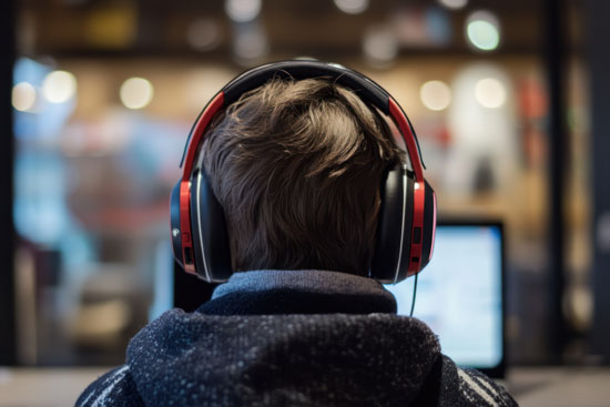 A person watching a computer screen with headphones on