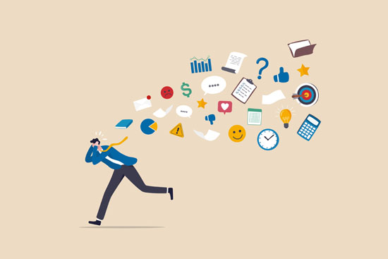 A person running from different distractions in the form of small symbols like dollar signs, charts, and clocks
